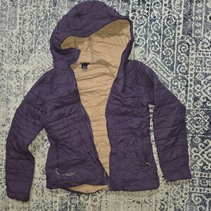 Women's Hooded Puffer Jacket in Deep Purple with Tan Lining